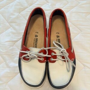 Birkenstock Tennessee Boat Shoe EUC Size 40 Red White Blue Leather